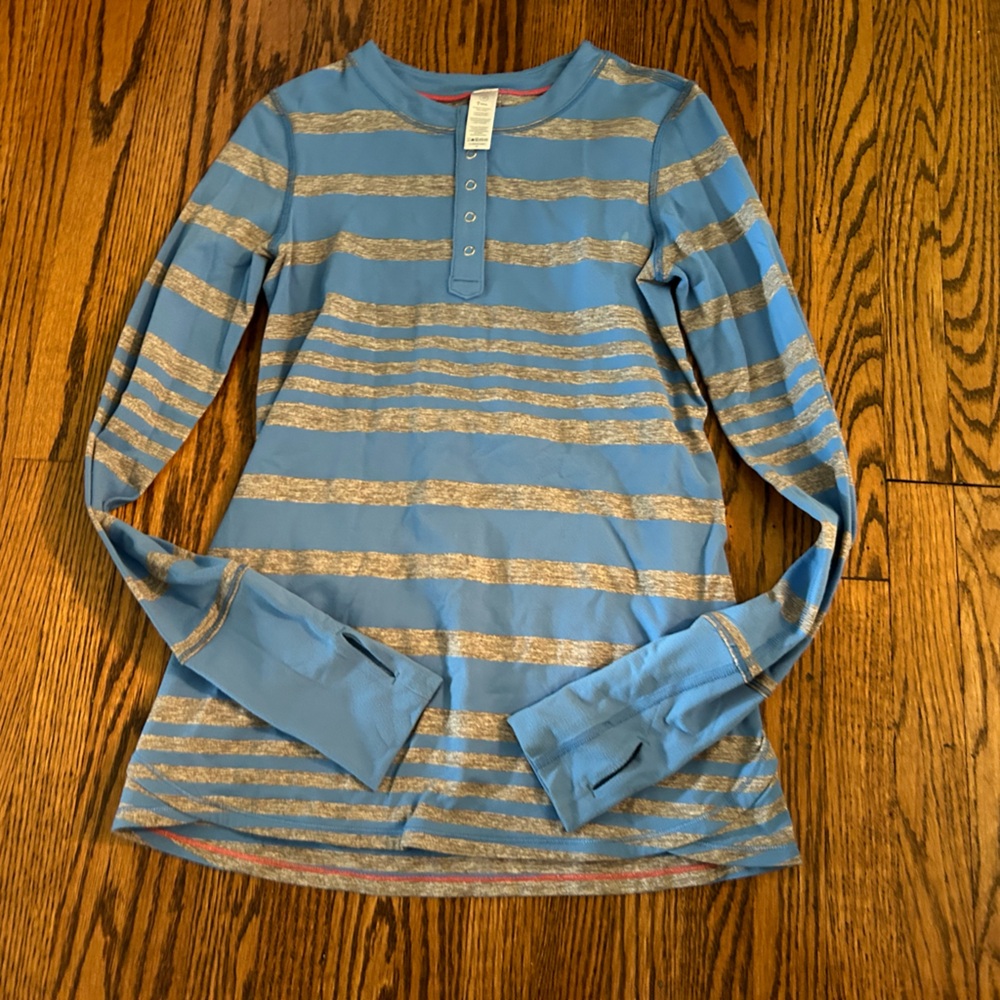 Ivivva Blue and Gray Striped Kids Shirt with thumb holes